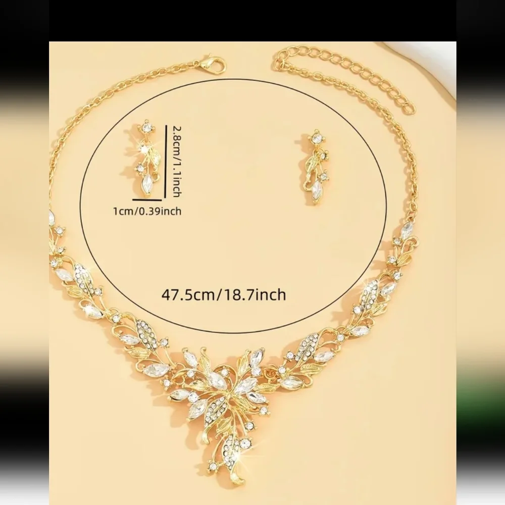 Gold-Tone Sparkle Floral and Leaf Necklace and Earrings Set Wedding Style - NWOT - Picture 7 of 7